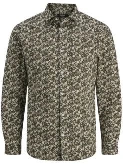 Chemise en coton kaki fleurie à coupe slim avec un col français