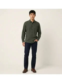 Chemise en coton kaki unie avec une coupe droite et un col français