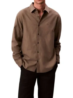Chemise en coton kaki unie coupe droite avec un col à revers