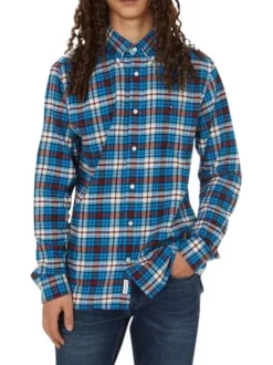 Chemise en coton manches longues bleue carreaux avec un col boutonné