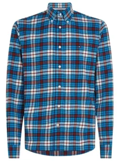 Chemise en coton manches longues bleue carreaux avec un col boutonné