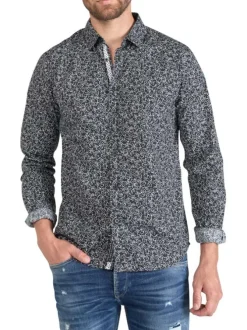 Chemise en coton marine avec imprimé fleuri blanc et un col français