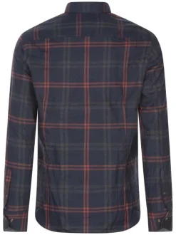 Chemise en coton marine à carreaux avec une coupe droite et col américain