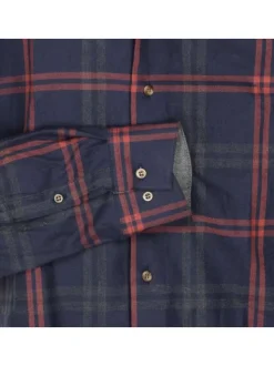 Chemise en coton marine à carreaux avec une coupe droite et col américain