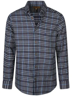 Chemise en coton marine à carreaux avec une coupe droite et col américain