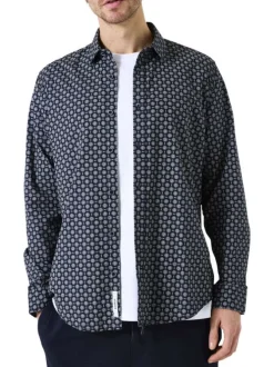 Chemise en coton marine à coupe droite avec un motif fantaisie