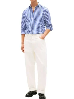 Chemise en coton marine à coupe droite ornée d'un motif à rayures
