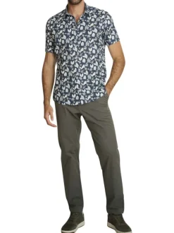 Chemise en coton marine à coupe droite ornée d'un motif végétal