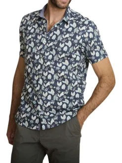 Chemise en coton marine à coupe droite ornée d'un motif végétal