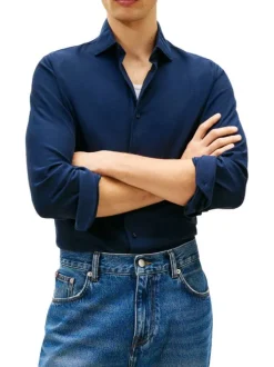 Chemise en coton marine à coupe droite pourvue d'un col à revers
