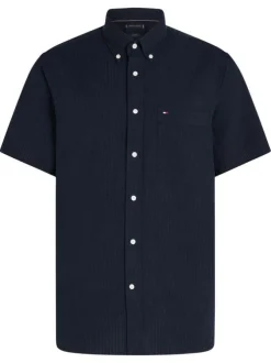 Chemise en coton marine en maille texturée pourvue d'un col à revers