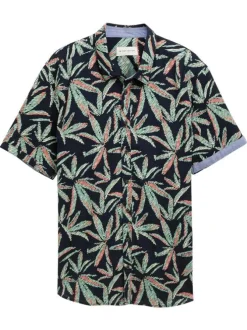 Chemise en coton marine et verte à motif floral, coupe droite et col à revers