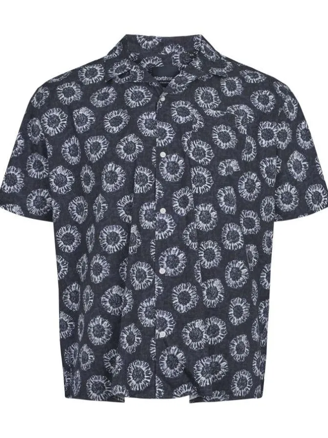 Chemise en coton marine fantaisie coupe regular fit col cubain