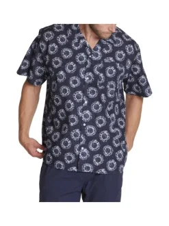 Chemise en coton marine fantaisie coupe regular fit col cubain
