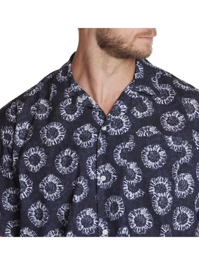 Chemise en coton marine fantaisie coupe regular fit col cubain