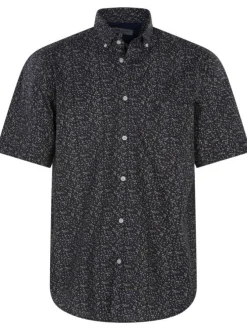 Chemise en coton marine fleurie avec une coupe droite et un col américain