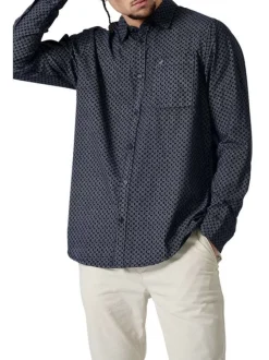 Chemise en coton marine imprimé avec une coupe droite et un col français