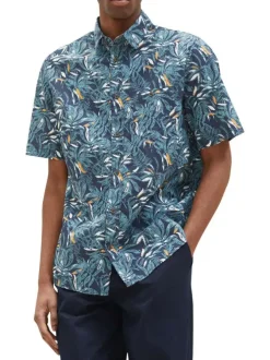 Chemise en coton marine imprimé feuille tropical à coupe droite et col italien