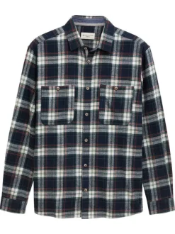 Chemise en coton marine à motif écossais pourvue d'une boutonnière