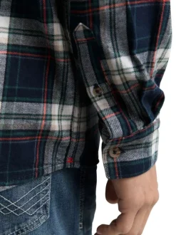 Chemise en coton marine à motif écossais pourvue d'une boutonnière