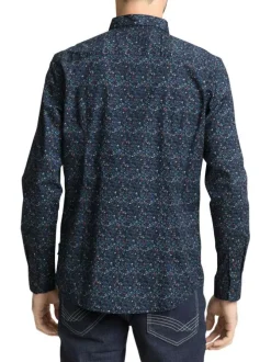 Chemise en coton marine à motifs avec une coupe droite et un col boutonné
