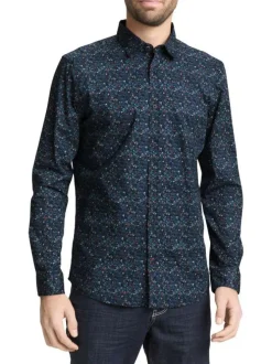 Chemise en coton marine à motifs avec une coupe droite et un col boutonné