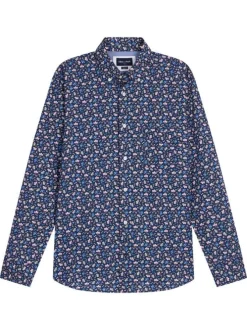 Chemise en coton marine ornée d'un motif fleuri avec un col à rabats