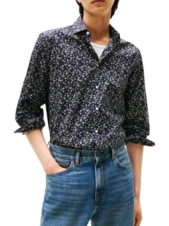 Chemise en coton marine ornée d'un motif floral avec un col à rabats