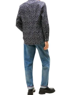 Chemise en coton marine ornée d'un motif floral avec un col à rabats