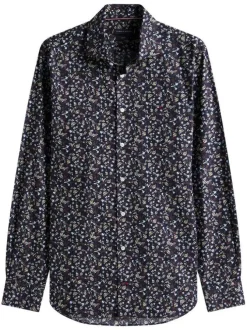 Chemise en coton marine ornée d'un motif floral avec un col à rabats