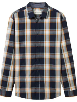 Chemise en coton marine tartan avec une coupe droite et un col français