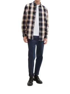 Chemise en coton marine tartan avec une coupe droite et un col français