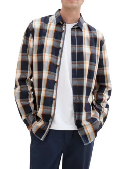 Chemise en coton marine tartan avec une coupe droite et un col français