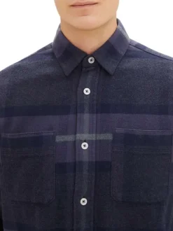 Chemise en coton marine tartan coupe regular et un col français