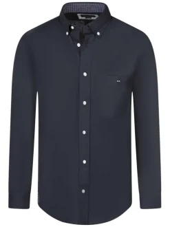 Chemise en coton marine uni avec une coupe droite et un col américain