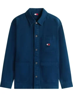 Chemise en coton marine uni avec une coupe droite et un col à revers