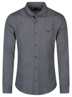 Chemise en coton marine unie avec boutonnière nacrée et logo brodé