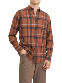 Chemise en coton marron à carreaux avec une coupe droite et un col boutonné