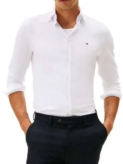 Chemise en coton mélangé blanche à coupe slim pourvue d'un col boutonné