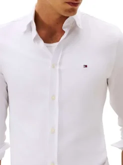 Chemise en coton mélangé blanche à coupe slim pourvue d'un col boutonné