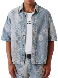 Chemise en coton mélangé bleue à carreaux avec une coupe droite