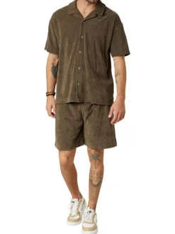 Chemise en coton mélangé kaki unie pourvue d'une coupe droite