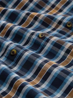 Chemise en coton mélangé marine carreaux avec une coupe droite à col français