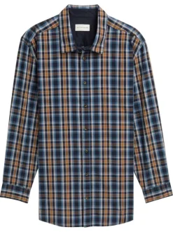 Chemise en coton mélangé marine carreaux avec une coupe droite à col français