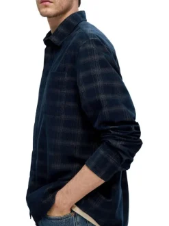 Chemise en coton mélangé marine à carreaux à coupe droite et col français