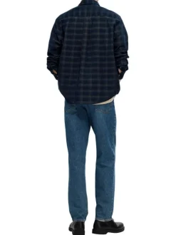 Chemise en coton mélangé marine à carreaux à coupe droite et col français