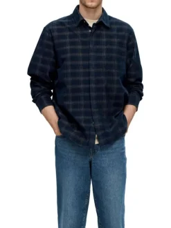 Chemise en coton mélangé marine à carreaux à coupe droite et col français