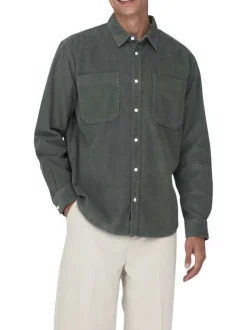 Chemise en coton mélangé verte sapin en velours côtelé à coupe regular fit