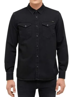 Chemise en coton noire unie avec une coupe droite et un col à rabats