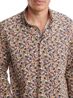 Chemise en coton orange florale pourvue d'une coupe slim et d'un col français